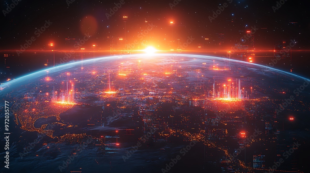 Earth from space, with illuminated data streams connecting major cities across continents, forming a glowing digital web of global connectivity. Earth from space, with illuminated data streams connecting major cities across continents, forming a glowing digital web of global connectivity.