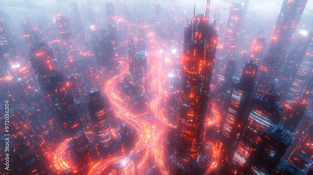 Fototapeta premium Top-down view of a futuristic neon city with glowing pathways connecting smart infrastructure and tall glass skyscrapers. The vibrant data streams pulse through the city, creating a network of light,