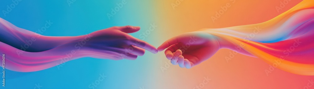 Vibrant Abstract Digital Art of Two Hands Reaching Out with Colorful Gradient Background Vibrant Abstract Digital Art of Two Hands Reaching Out with Colorful Gradient Background