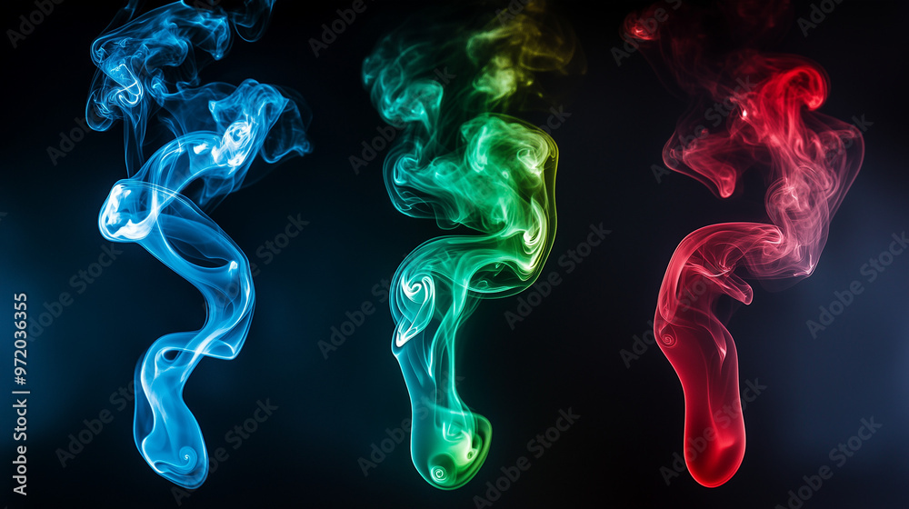 Fototapeta premium Three different-colored smoke shapes on a black background, in shades of green, blue, and red. 