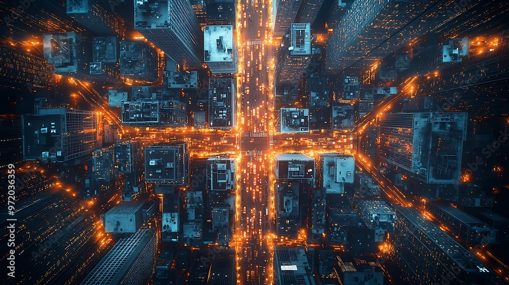 A bird’s-eye view of a bustling city, where glowing data lines visibly connect homes, mobile devices, and corporate buildings. The digital streams pulse with energy, A bird’s-eye view of a bustling city, where glowing data lines visibly connect homes, mobile devices, and corporate buildings. The digital streams pulse with energy,
