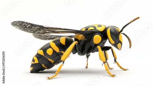 59. A realistic 3D render of a black and yellow hornet with intricate patterns, isolated on a pristine white background