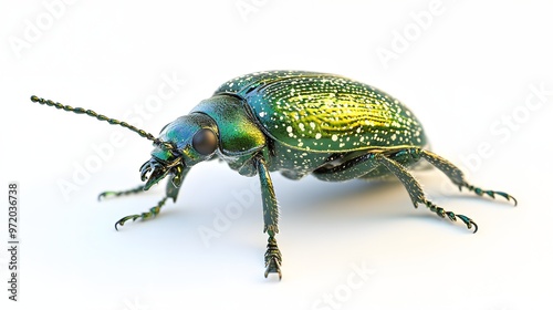 60. A close-up 3D render of a tiny green beetle with iridescent textures, isolated on a pristine white background