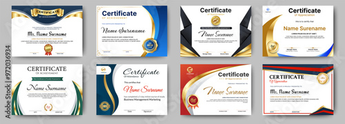 Certificates of achievement template with luxury badge. Eight choice of certificates For award, business, and education needs. Diploma vector template