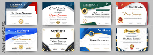 Certificates of achievement template with luxury badge. Eight choice of certificates For award, business, and education needs. Diploma vector template