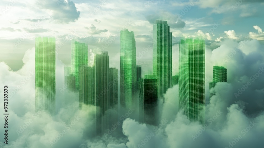 Fototapeta premium Futuristic Green Skyscrapers Emerging from Clouds in a Dreamlike Urban Landscape