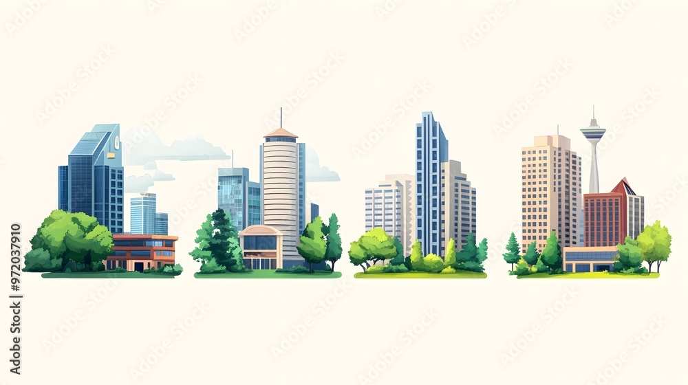 A Row of City Buildings with Trees and Grass