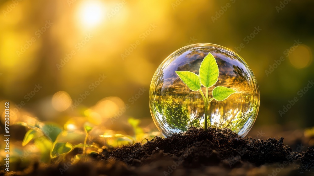 Young Plant Growing Inside a Crystal Ball with Sunlight in a Lush Green Environment Young Plant Growing Inside a Crystal Ball with Sunlight in a Lush Green Environment