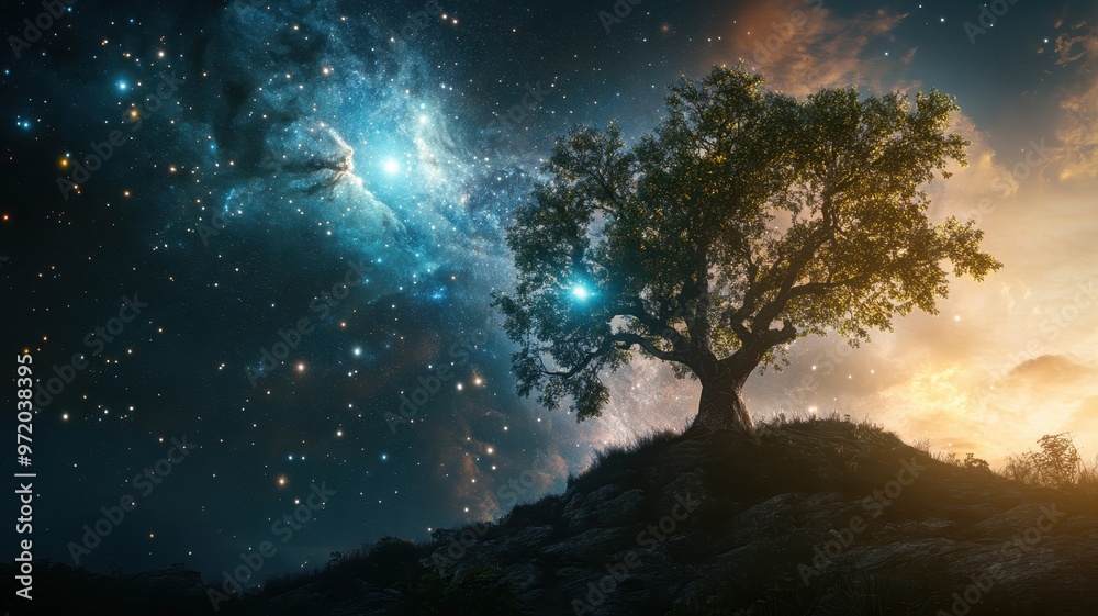 Majestic Tree Silhouetted Against a Starry Night Sky with Nebula and Cosmic Light Majestic Tree Silhouetted Against a Starry Night Sky with Nebula and Cosmic Light