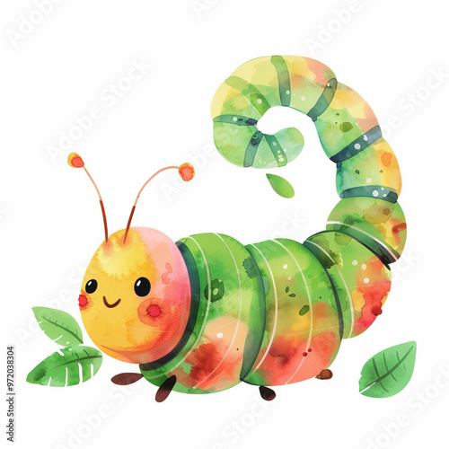Delightful Watercolor: The Hungry Caterpillar Feasting on Leaves