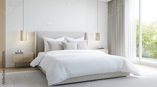 A professional shot of a luxurious bedroom with a king-size bed, plush bedding, and soft lighting. The room is captured with deep depth of field, offering space for text around the clean, modern