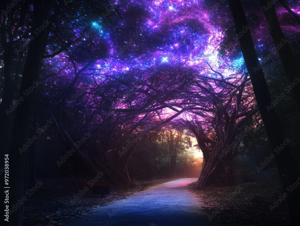 Obraz premium Enchanted Forest Pathway Under a Starry Night Sky with Vibrant Cosmic Colors and Twisted Tree Branches