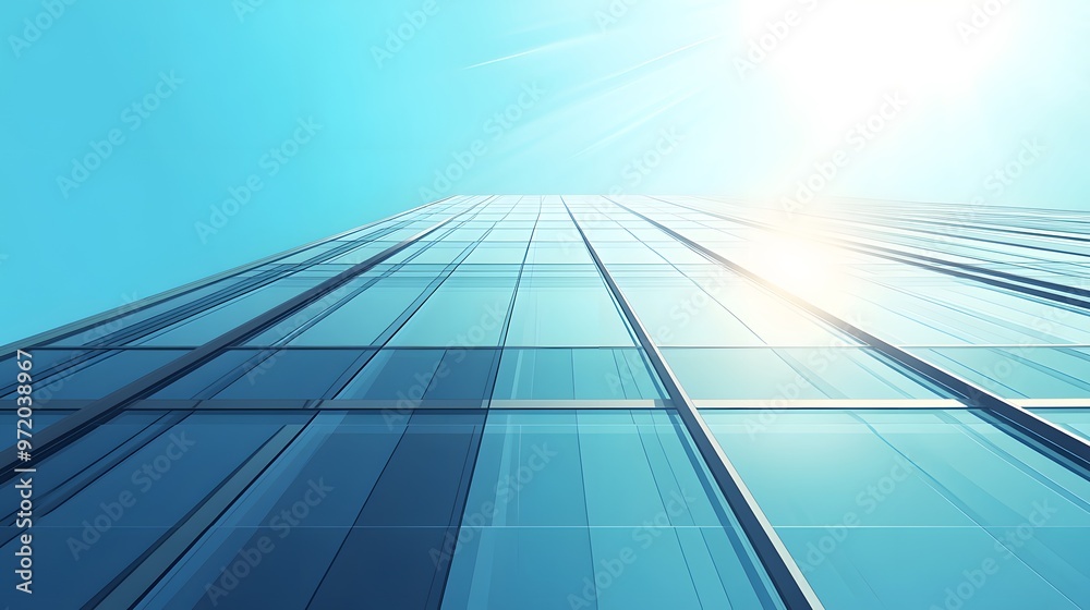 Low Angle View of a Glass Facade Skyscraper with a Bright Blue Sky Low Angle View of a Glass Facade Skyscraper with a Bright Blue Sky
