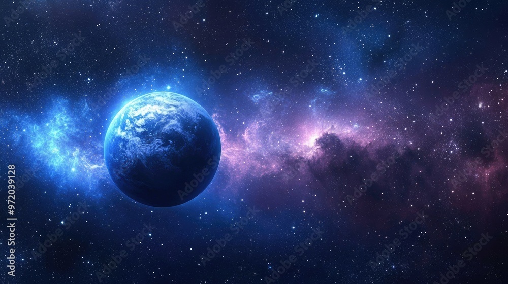 A blue planet in space surrounded by a nebula and stars. A blue planet in space surrounded by a nebula and stars.