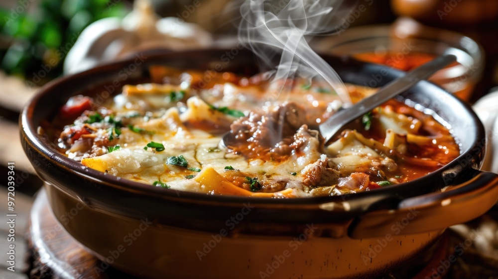 Steaming Bowl of Hearty Lasagna Soup with Cheese and Herbs Steaming Bowl of Hearty Lasagna Soup with Cheese and Herbs