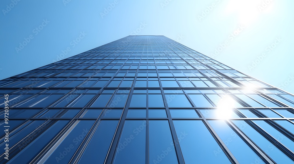 Low Angle View of a Modern Glass Skyscraper Against a Blue Sky Low Angle View of a Modern Glass Skyscraper Against a Blue Sky