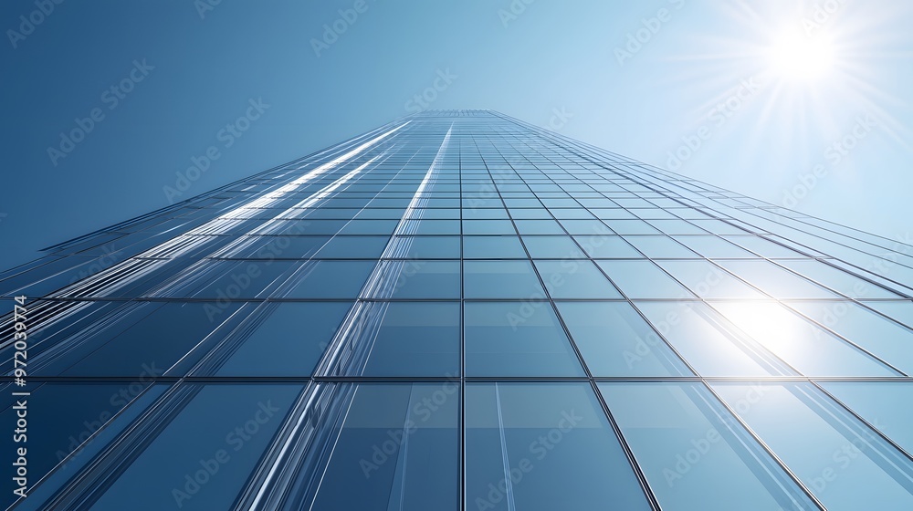 Low Angle View of a Tall Glass Building with Sun in the Sky Low Angle View of a Tall Glass Building with Sun in the Sky