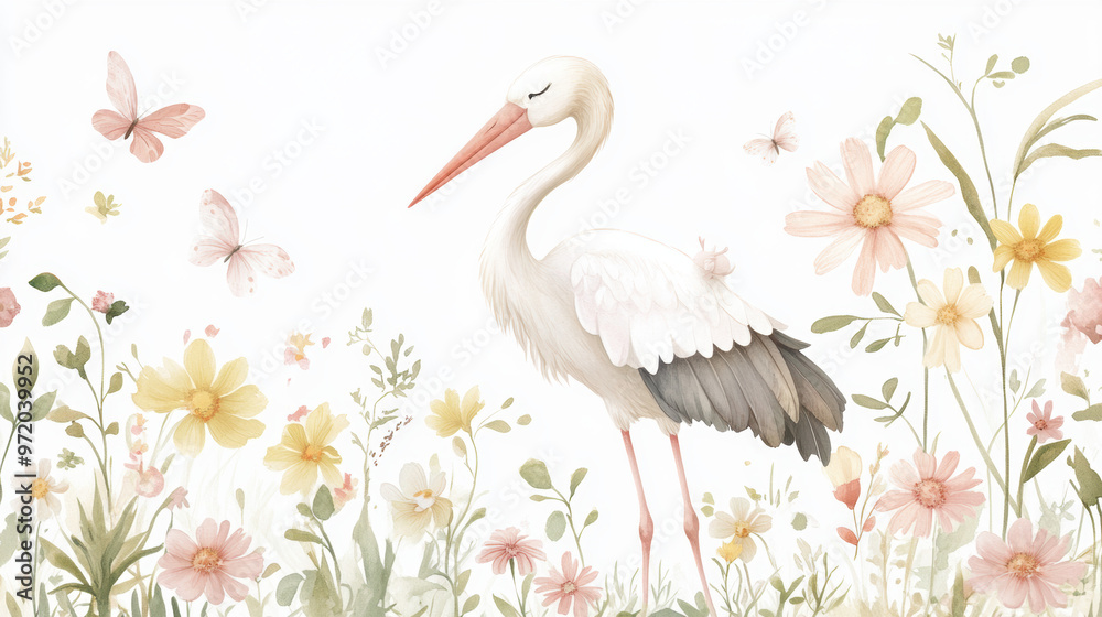 Fototapeta premium Stork in Wildflowers.