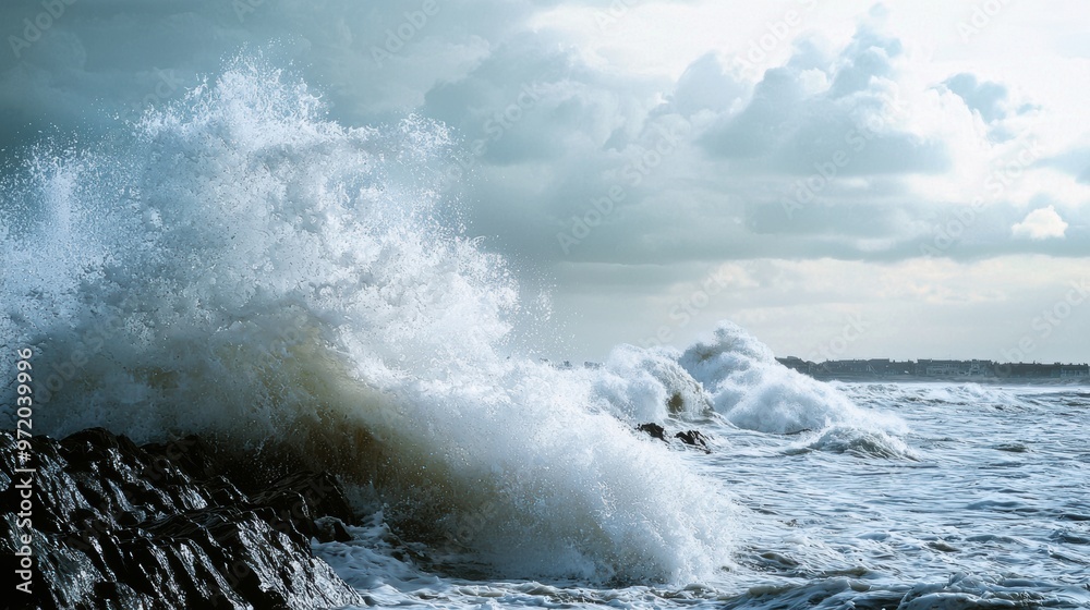 Obraz premium Powerful Ocean Waves Crashing Against Rugged Coastline in Stormy Weather