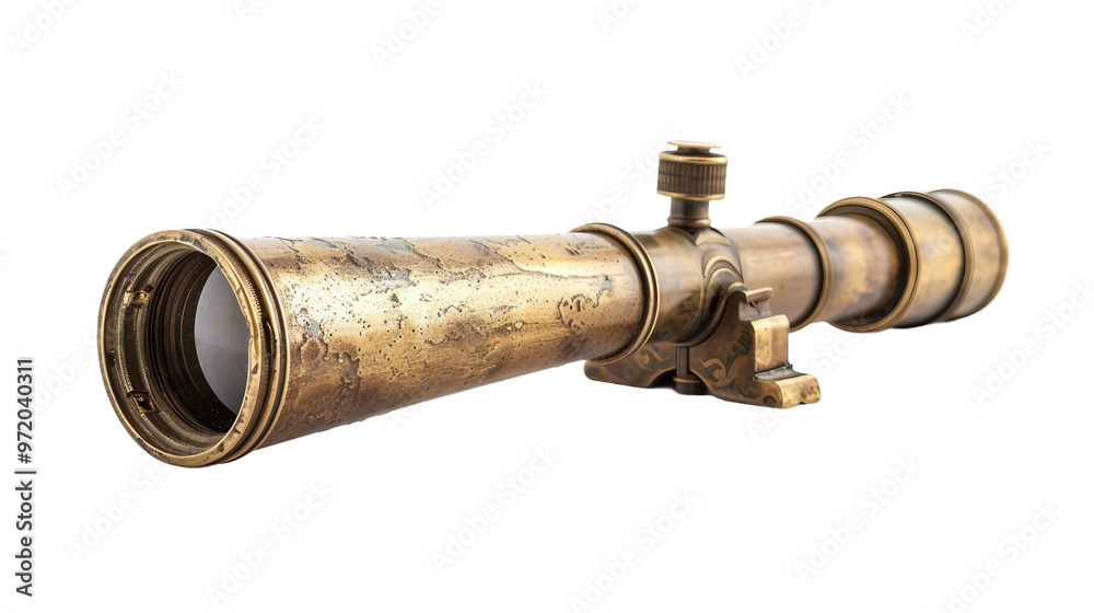 Weathered Beauty: Brass Telescope with Natural Patina on white background