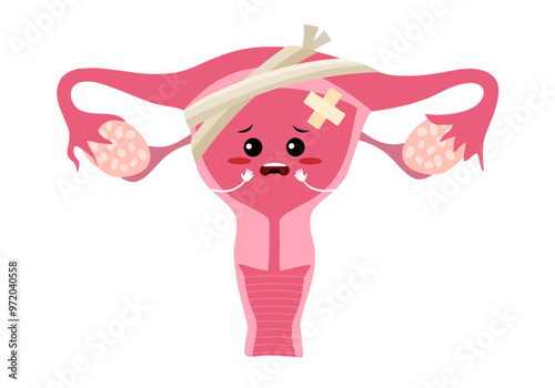Sick uterus with pain ache or disease. Sad uterus cartoon character in flat design.