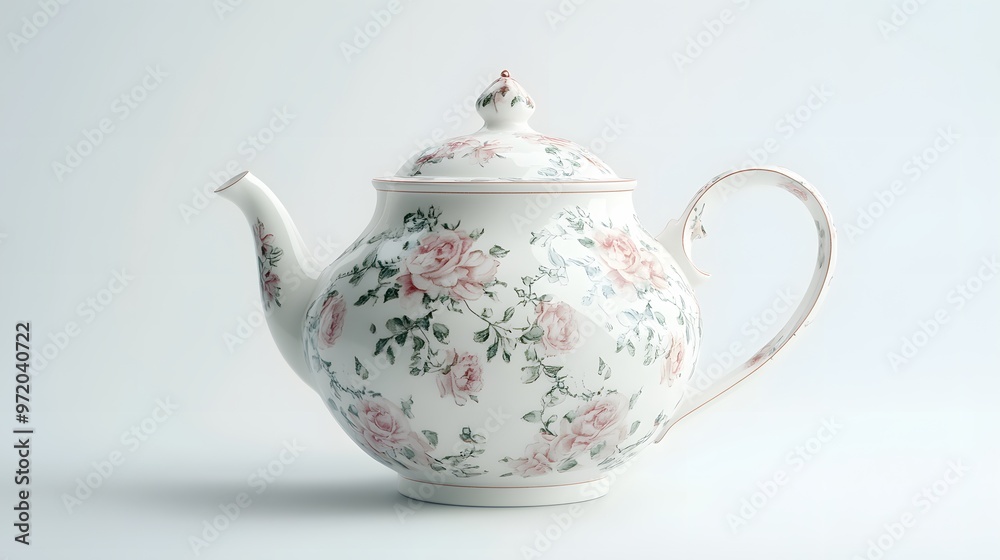 18. A lifelike 3D render of a delicate porcelain teapot with floral patterns, isolated on a pristine white background
