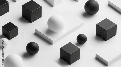 Isometric view of black and white geometric shapes on a light background, 