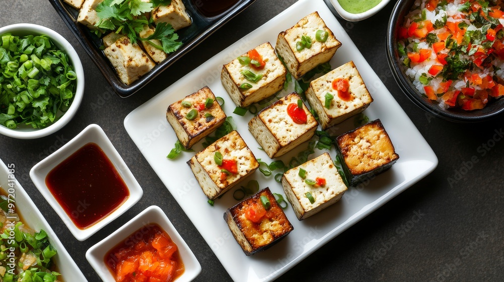 Culinary Artistry: Vibrant Tofu Dishes with Array of Sauces, Perfect for Healthy Dining Experience Culinary Artistry: Vibrant Tofu Dishes with Array of Sauces, Perfect for Healthy Dining Experience