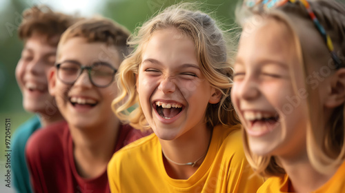 Group of diverse teenagers laughing together, vibrant colors, outdoor setting,