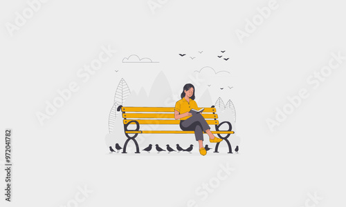 A woman sitting on a park bench reading, surrounded by birds.