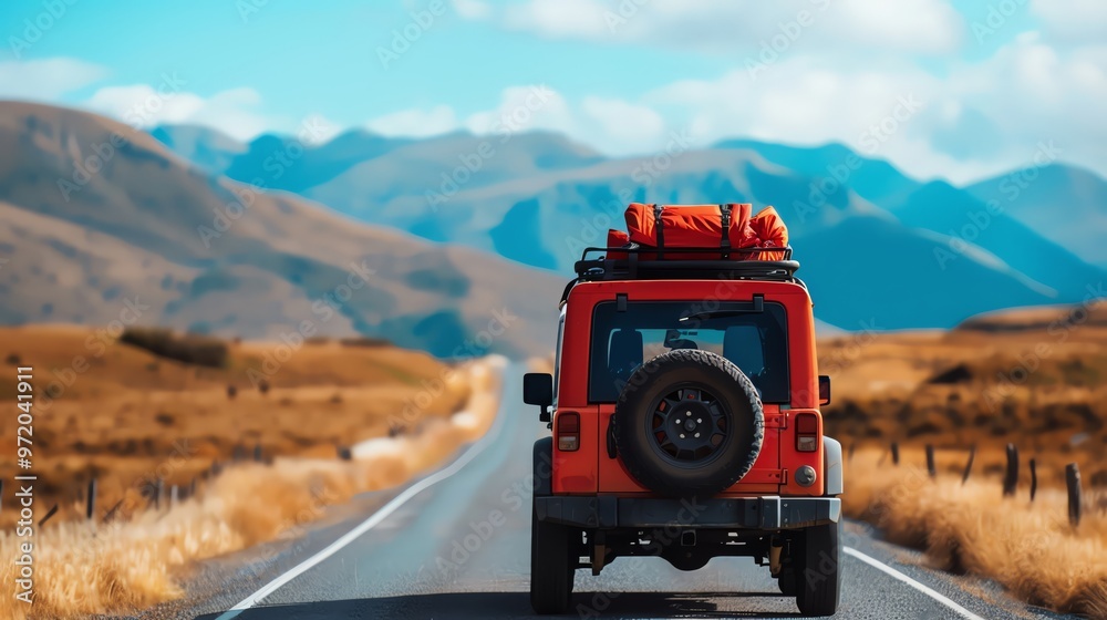 A vibrant red jeep travels on an open road surrounded by breathtaking mountains, ideal for adventure and exploration themes. A vibrant red jeep travels on an open road surrounded by breathtaking mountains, ideal for adventure and exploration themes.