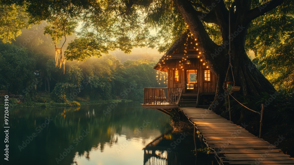 Fototapeta premium Cabin by the Lake in a Tranquil Forest