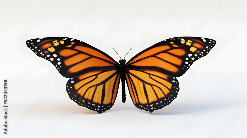 Fototapeta premium 43. A lifelike 3D render of an orange and black Monarch butterfly with spread wings, isolated on a pristine white background