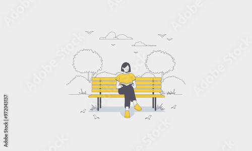 A woman sitting on a park bench reading, surrounded by birds.