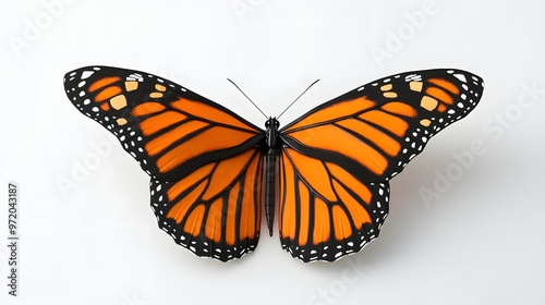 43. A lifelike 3D render of an orange and black Monarch butterfly with spread wings, isolated on a pristine white background