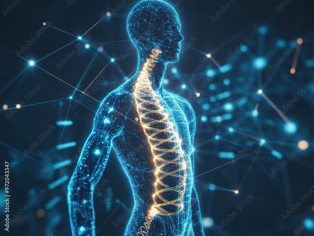 Xray style anatomical view of a human body with glowing DNA helix running through the spine, connected by digital nodes, DNA anatomy digital, bioinformatics concept Xray style anatomical view of a human body with glowing DNA helix running through the spine, connected by digital nodes, DNA anatomy digital, bioinformatics concept