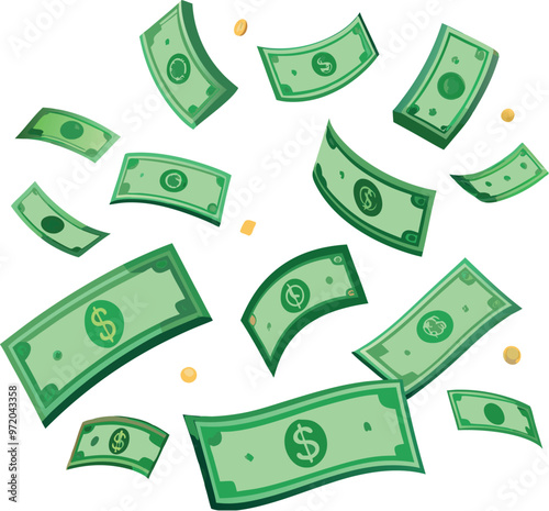 Floating US Banknotes Cash Flow Cash Rain on White Background