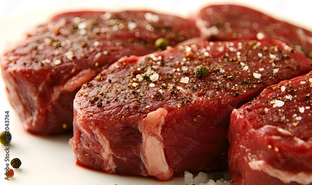 Raw beef steak seasoned with pepper and salt, Generative AI Raw beef steak seasoned with pepper and salt, Generative AI