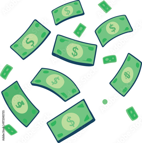 Green Dollar Bill Cascade Financial Wealth Concept US Dollar Cash Rain on White Background