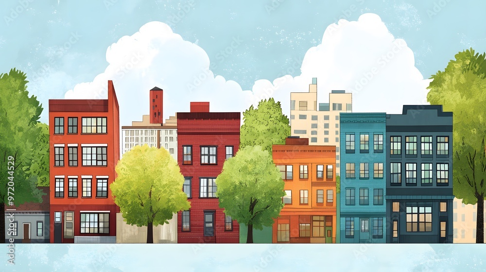 A Row of Colorful Brick Buildings with Trees and a Cloudy Sky A Row of Colorful Brick Buildings with Trees and a Cloudy Sky