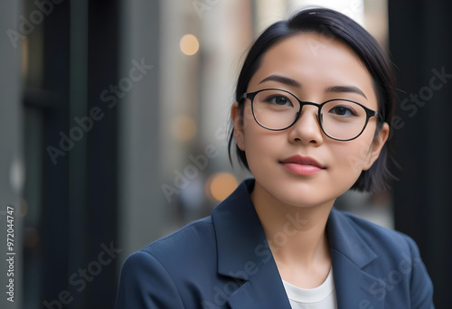 Professional, confident Asian business woman in office tablet, phone. 