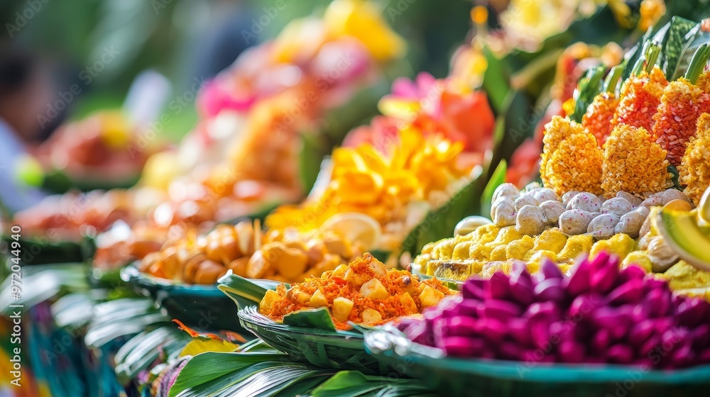 Fototapeta premium Colorful Close-Up of Vibrant Traditional Food Offerings with Fresh Fruits and Vegetables on Bright Background