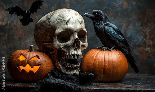 Skulls with Halloween pumpkins and a raven on a dark table