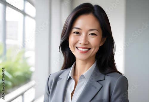 Professional, confident Asian business woman in office tablet, phone. 