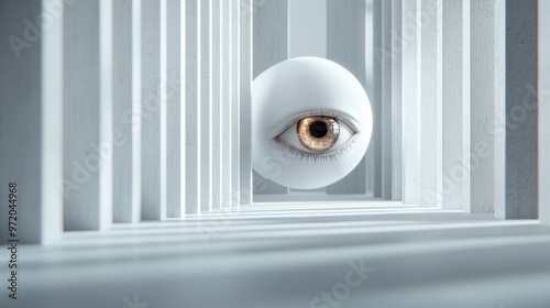 A sleek robotic eye scans a glowing search bar in a serene, allwhite space, highlighting minimalist design, Created with Generative AI. photo