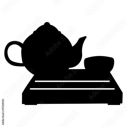 Vector illustration of a Chinese tea set, teapot and cup on a wooden tray for traditional tea drinking. black silhouette solated on a white background, hand drawn. Icon , element object .