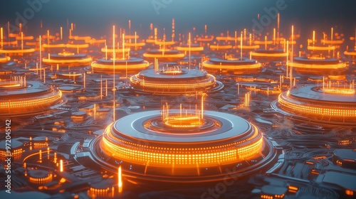 Futuristic technology landscape featuring glowing orange circuits and intricate patterns in a vibrant digital environment.