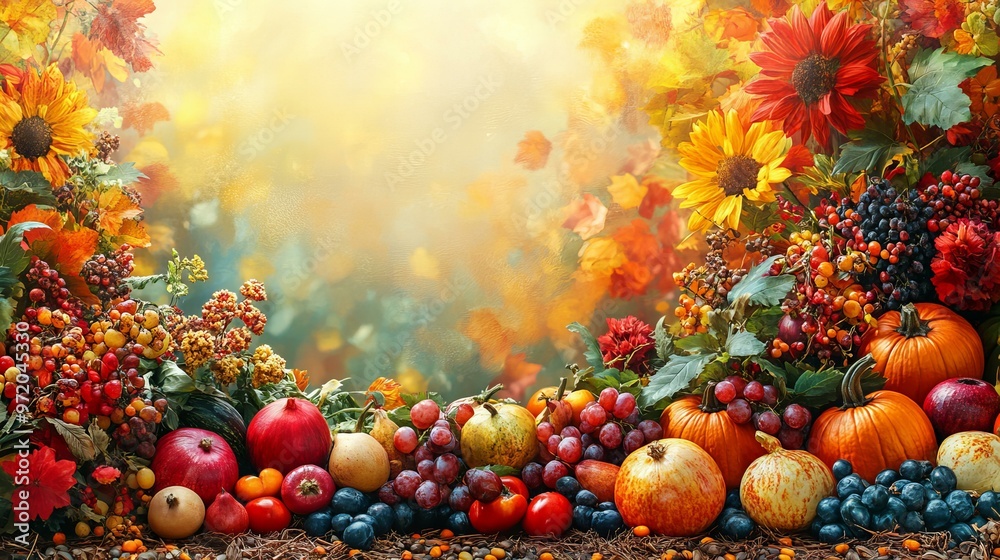 Happy Harvest Festival Autumn Season Background fruits apples, grapes, and strawberries Copy space Happy Harvest Festival Autumn Season Background fruits apples, grapes, and strawberries Copy space