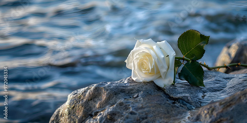 Serene White Rose Resting on a Rocky Shore