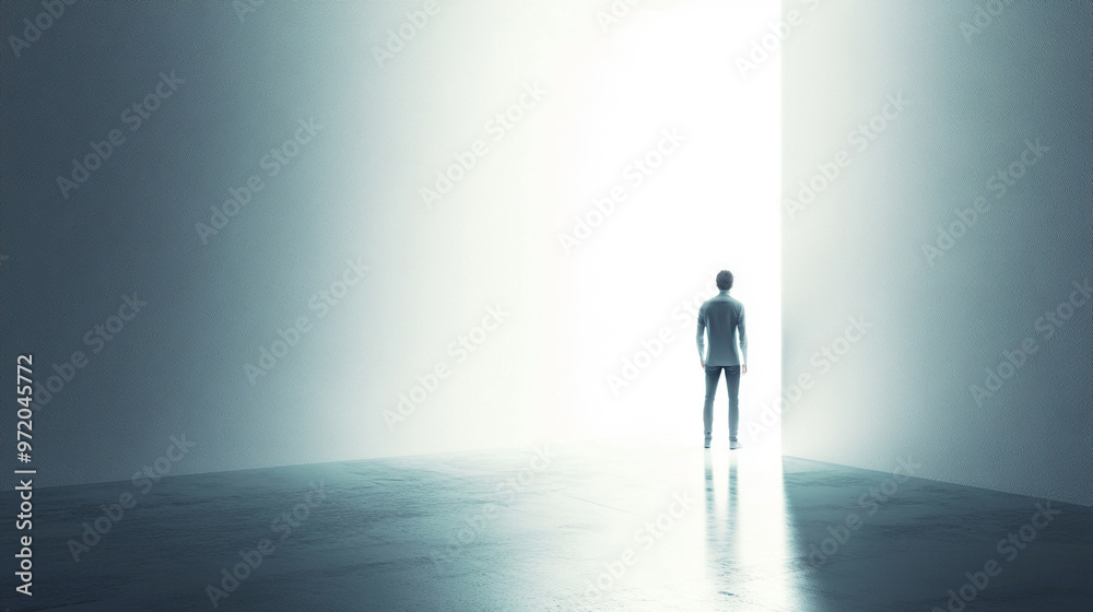 man stands from the back in front of an enormous, glowing key-shaped doorway, bathed in sunlight, symbolizing hope, opportunity, and the gateway to new beginnings man stands from the back in front of an enormous, glowing key-shaped doorway, bathed in sunlight, symbolizing hope, opportunity, and the gateway to new beginnings